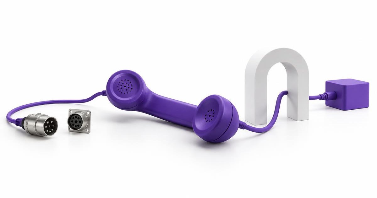 A purple telephone connects a retired plug to a new connection through a white arch, representing the move from Open CTI to Salesforce Voice.