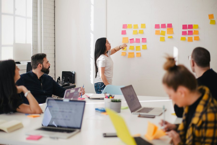 Team planning a project around a whiteboard of sticky notes