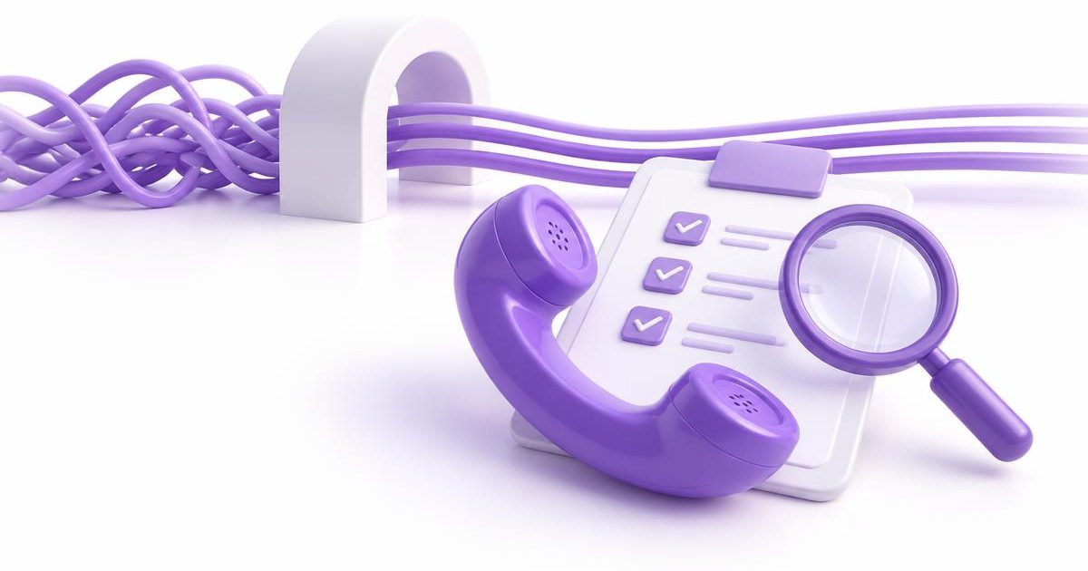 A purple telephone handset rests on a checklist clipboard beside a magnifying glass, representing a review of Salesforce Open CTI usage.