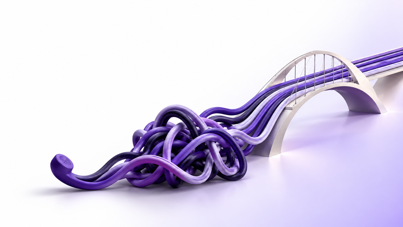 Illustration of cables leading from a telephone handset across a bridge, representing the move from a tangled Open CTI integration to a clear Salesforce Voice path